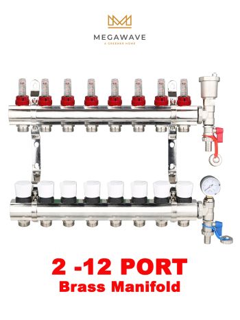 Megawave Brass Flowmeter Underfloor Heating Manifolds 2 - 12 Port System With Pressure Gauge and Auto Air Vent
