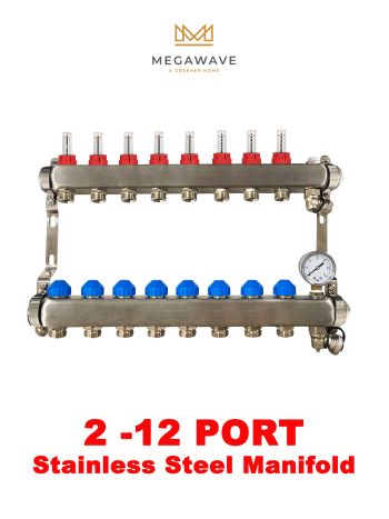 Megawave Stainless Steel Flowmeter Underfloor Heating Manifolds 2 - 12 Port System With Pressure Gauge and Auto Air Vent