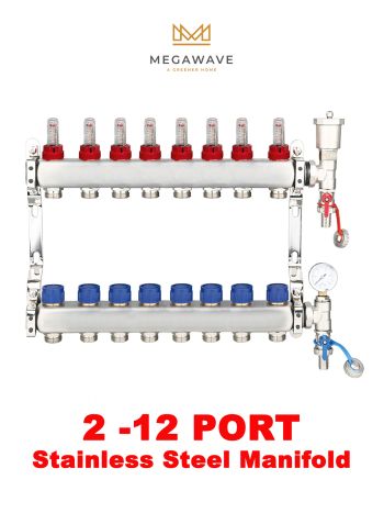 Megawave Stainless Steel Flowmeter Underfloor Heating Manifolds 2 - 12 Port System With Pressure Gauge and Auto Air Vent